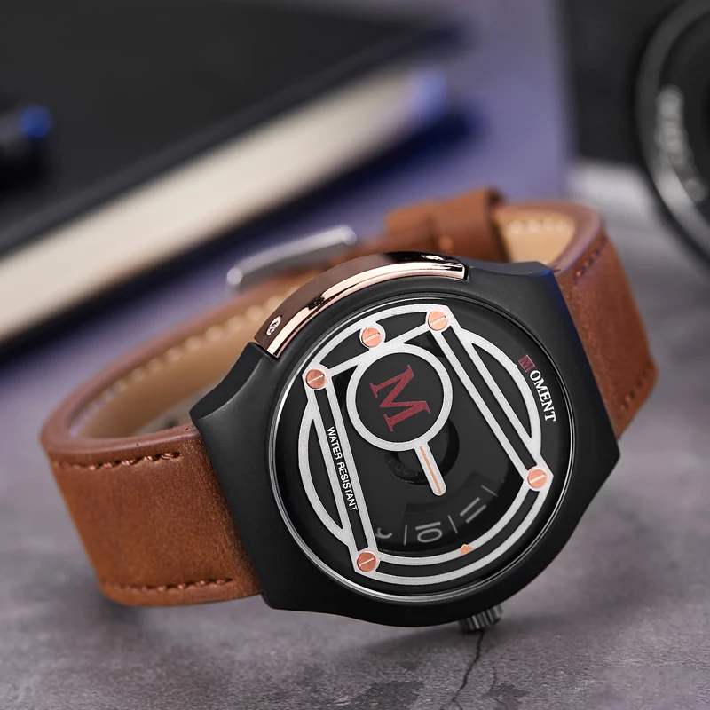 Creative Unique Men Quartz Watch Brown Pointer Rotating Turntable Leather Dial Belt Dull Polish Watch Male Sports Fashion