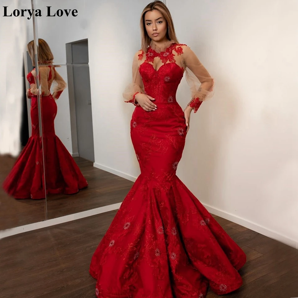 Red Long Sleeves Mermaid Evening Dresses 2022 Sexy Women Formal Party Robe De Soiree Elegant Satin Vestidos Long Prom Maxi Dress