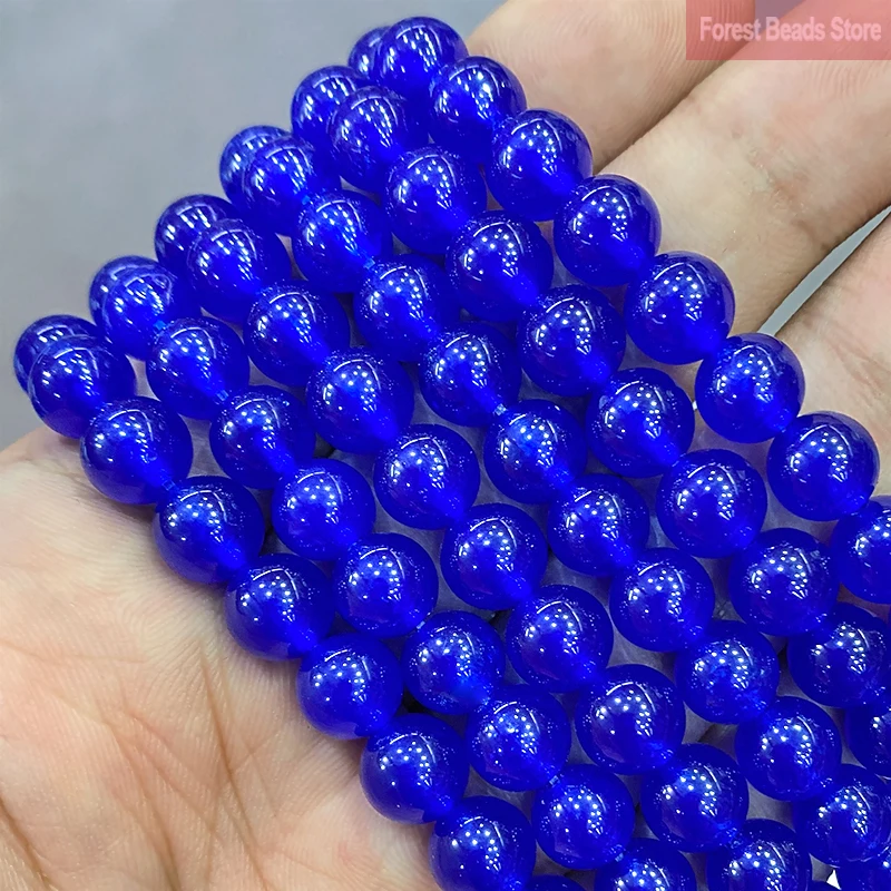 Smooth Natural Stone Dark Blue Chalcedony Jades Round Beads for Jewelry Making DIY Bracelet Necklace 15\