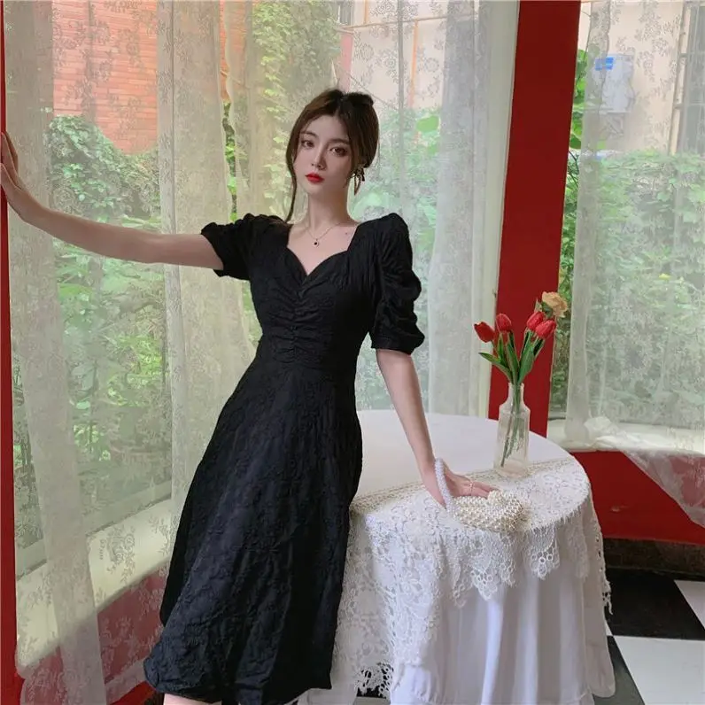 Black White Square Neck Retro Bubble Sleeve Dress Women 2021 Summer Evening Dress Lady Dinner Party Dress Autumn Bottomed Dress