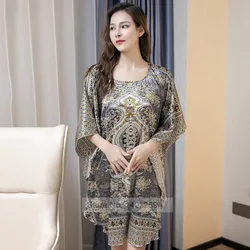 Women Nightgown Summer Silk Satin Sleepwear Nightdress Plus Size Batwing Sleeve Home Dressing Gown Sexy Loose Printed Nightwear