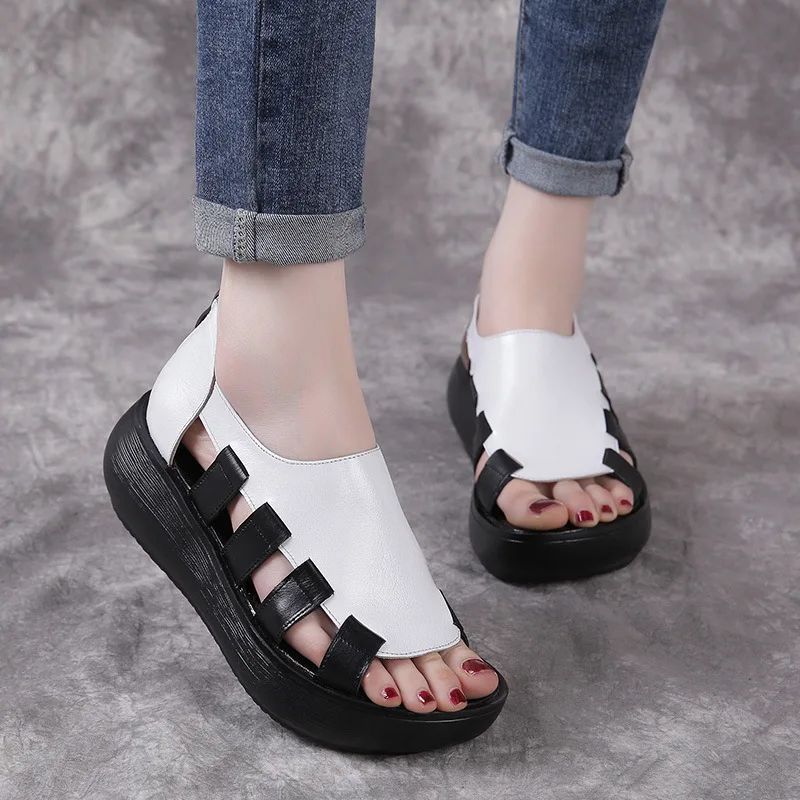 GKTINOO 2024 Summer Genuine Leather Flat Platform Sandals For Women Hollow Out Mixed Colors Breathable Peep Toe Ladies Sandals