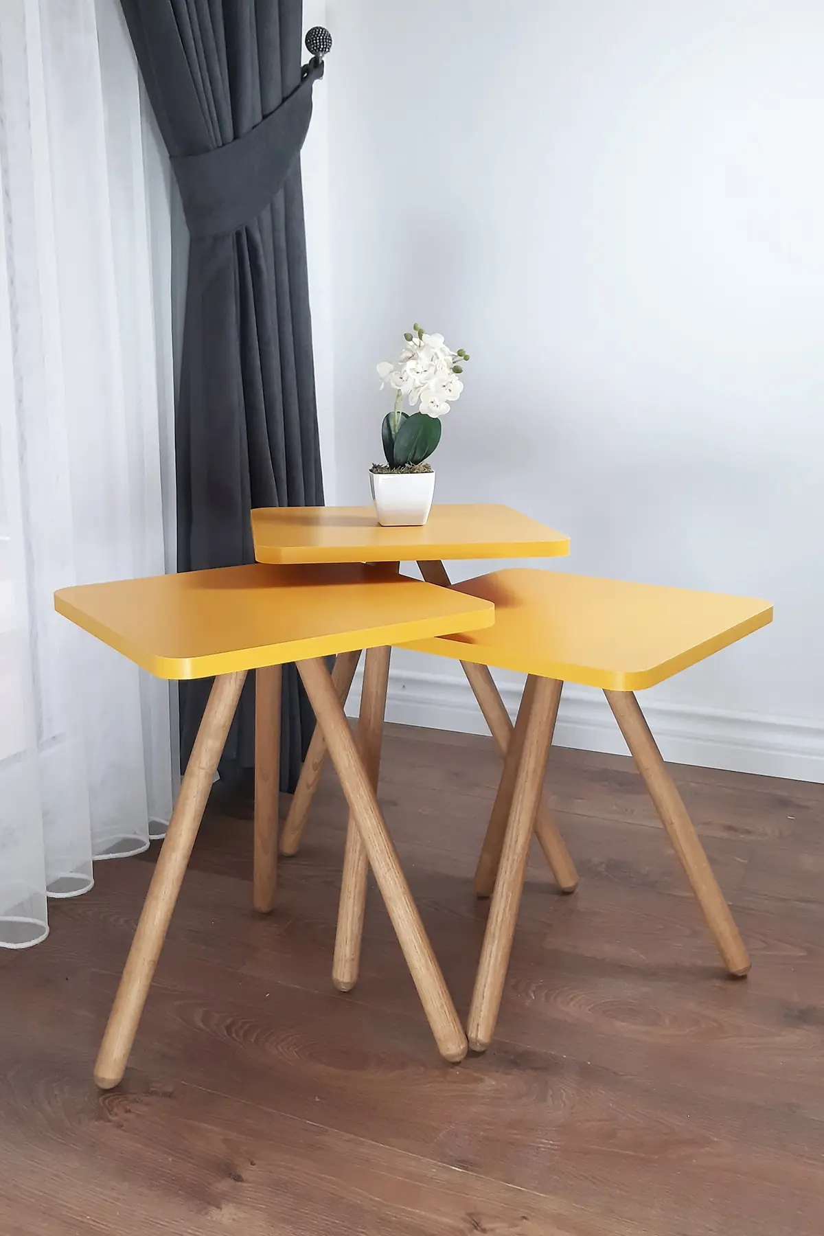 Wooden Pedestal Square Design Yellow Triple Zigon Coffee Table