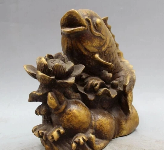 wholesale factory 8" Chinese Bronze Folk lotus flower root Carp Fish barracuda Statue sculpture 25% off