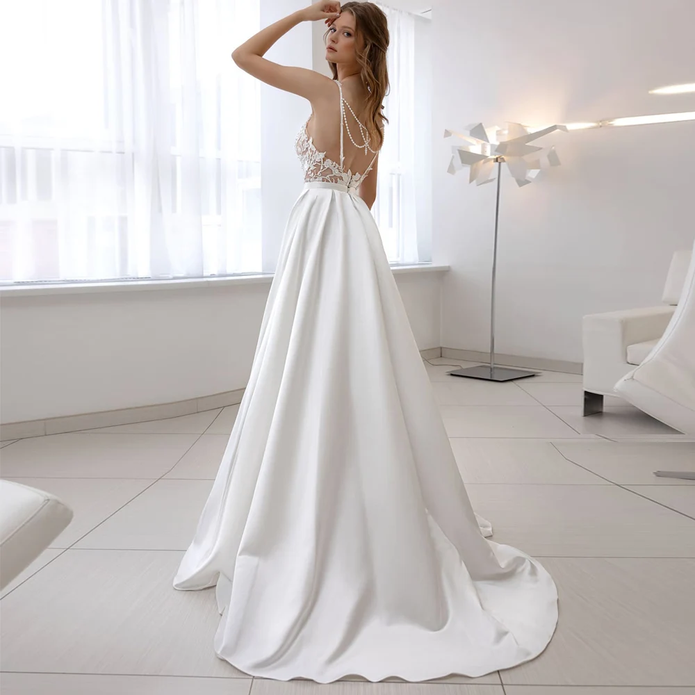 ADLN Classic Spaghetti Straps Satin Wedding Dresses with Pearls Sexy Back Robe de Mariee A-line Bridal Gown Customzied