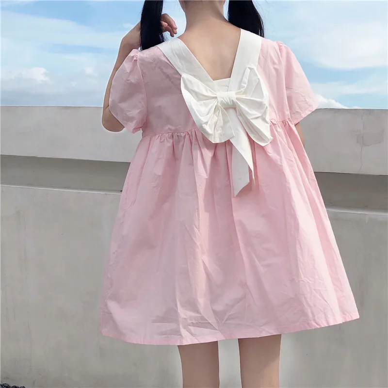 Japanse Zoete Leuke Boog Pop Kraag Jurk Ontwerp Niet-mainstream Roze Backless Medium-Lengte Jurk Vrouwelijke Zomer Lolita jurk