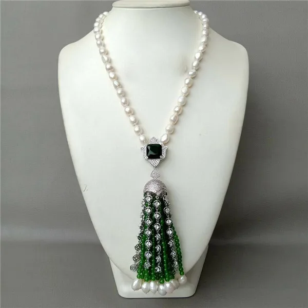 

HABITOO New Design Natural White Baroque Freshwater Pearl Green Jade Bead Cubic Zircon Pave Pendant Tassel Necklace Jewelry Gift