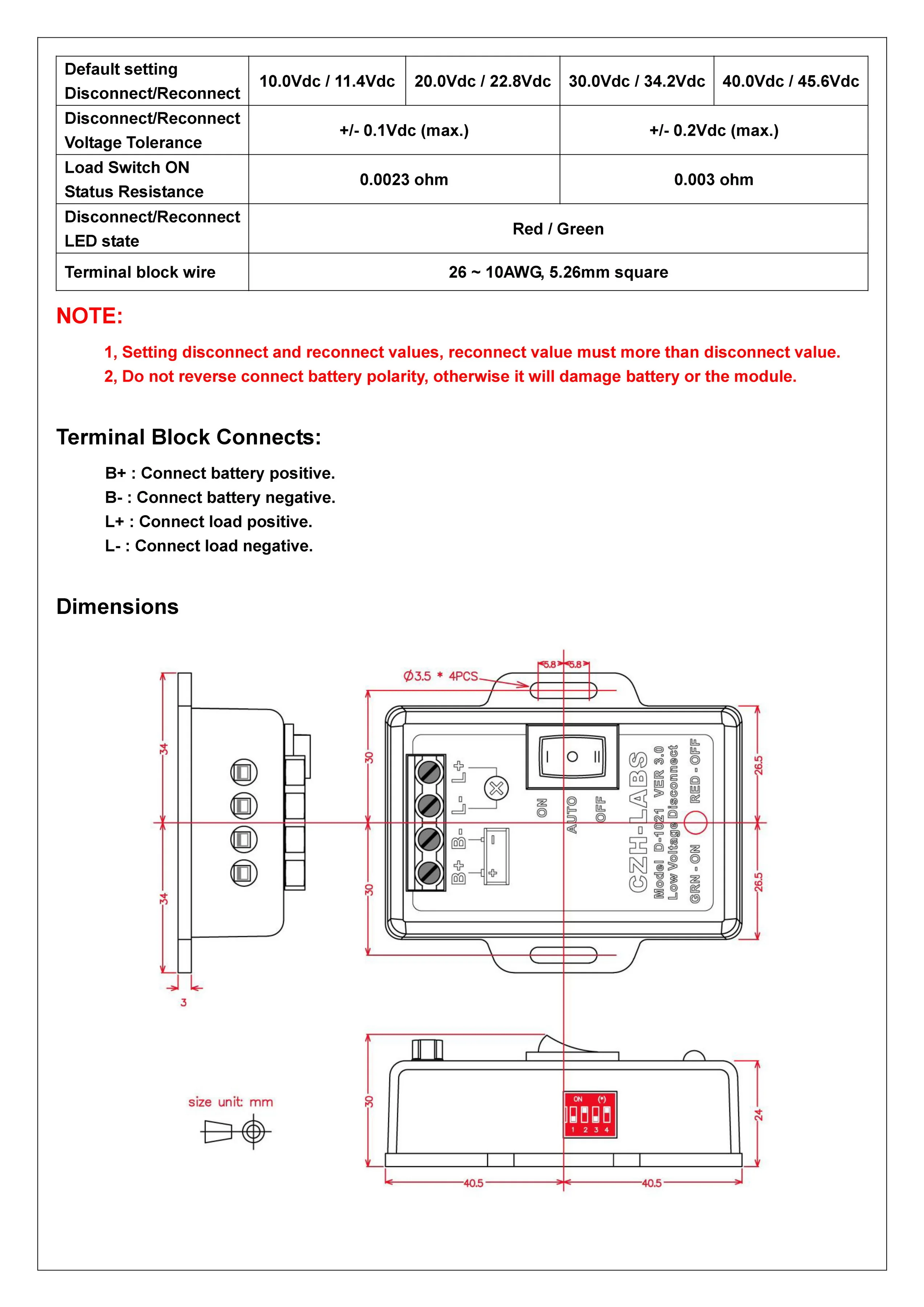 CZH-LABS LVD وحدة فصل الجهد المنخفض. (12 فولت/30Amp)