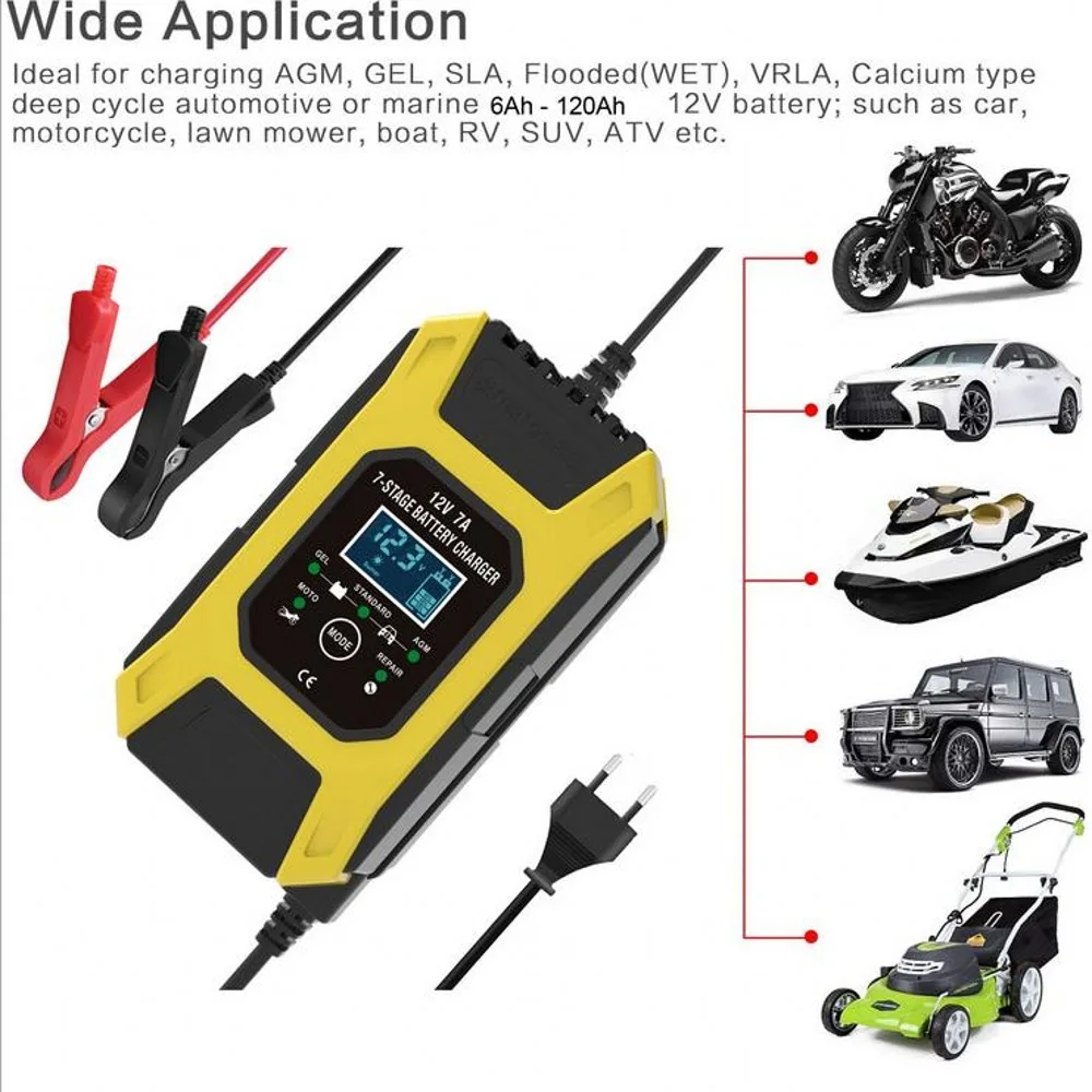 FOXSUR 12V 7A 7-stage Pulse Battery Charge, Deep cycle EFB GEL WET AGM Car Motorcycle Battery Charger, Maintainer & Desulfator