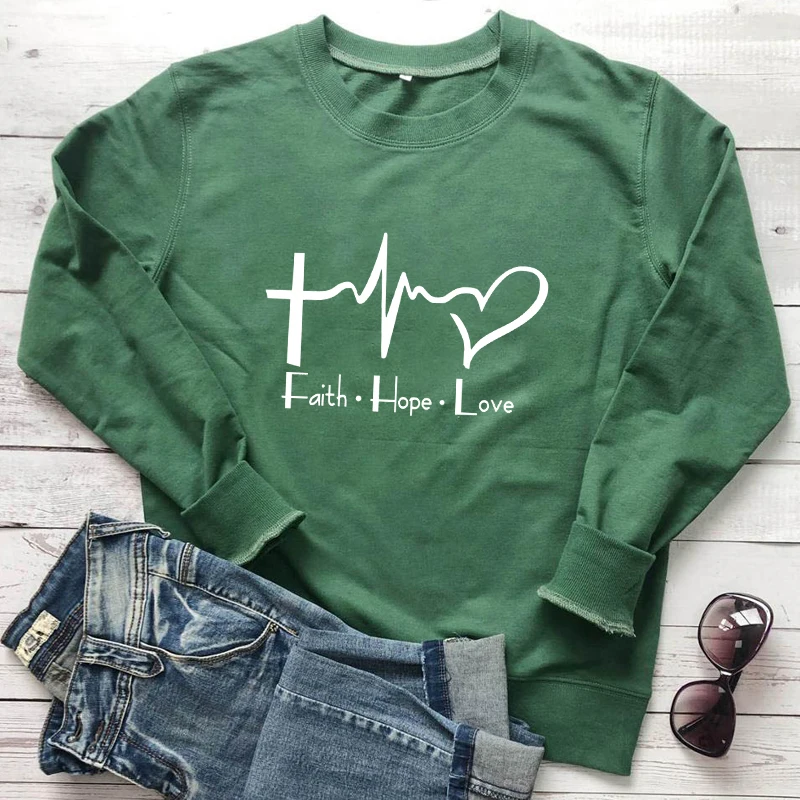 

New Arrival Faith Hope Love Heartbeat Sweatshirt Funny Christian Graphic Pullovers Women Religious Jesus Sweatshirts