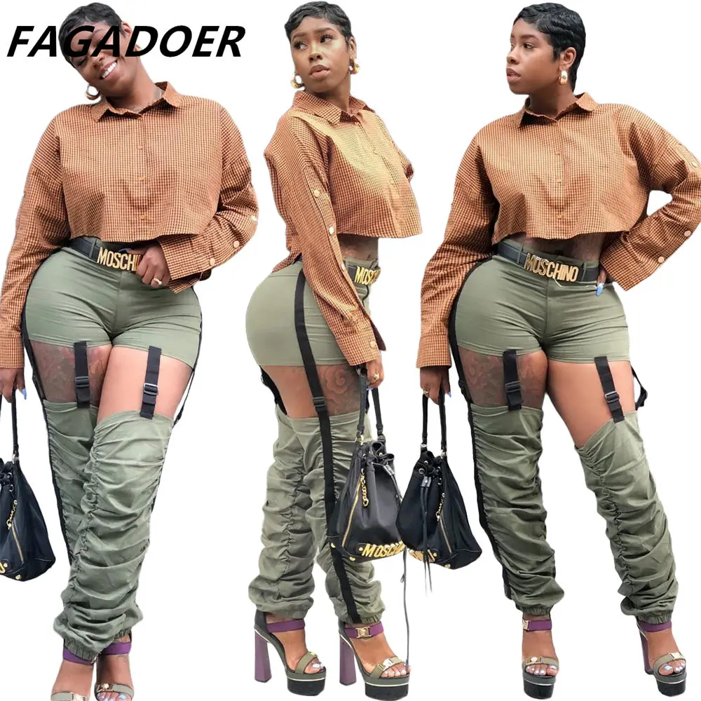 

FAGADOER Fashion New Woman Cargo Pants Adjustable Trousers Green Casual Hollow Out Pants Streetwear Female new Autumn No Belt