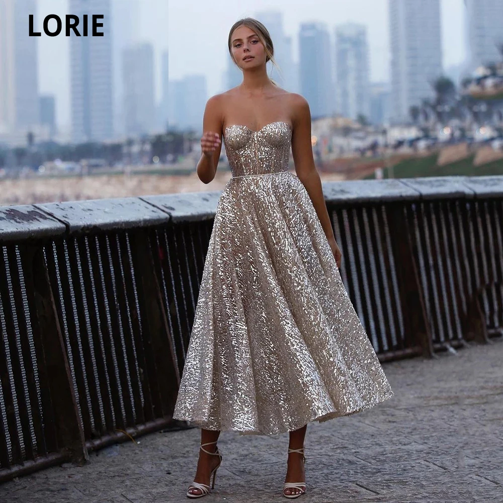 LORIE Glitter Sequin Lace Prom Dresses Sweetheart A-Line Prom Gowns Backless Sleeveless Tea-Length Formal Party Gowns Customized