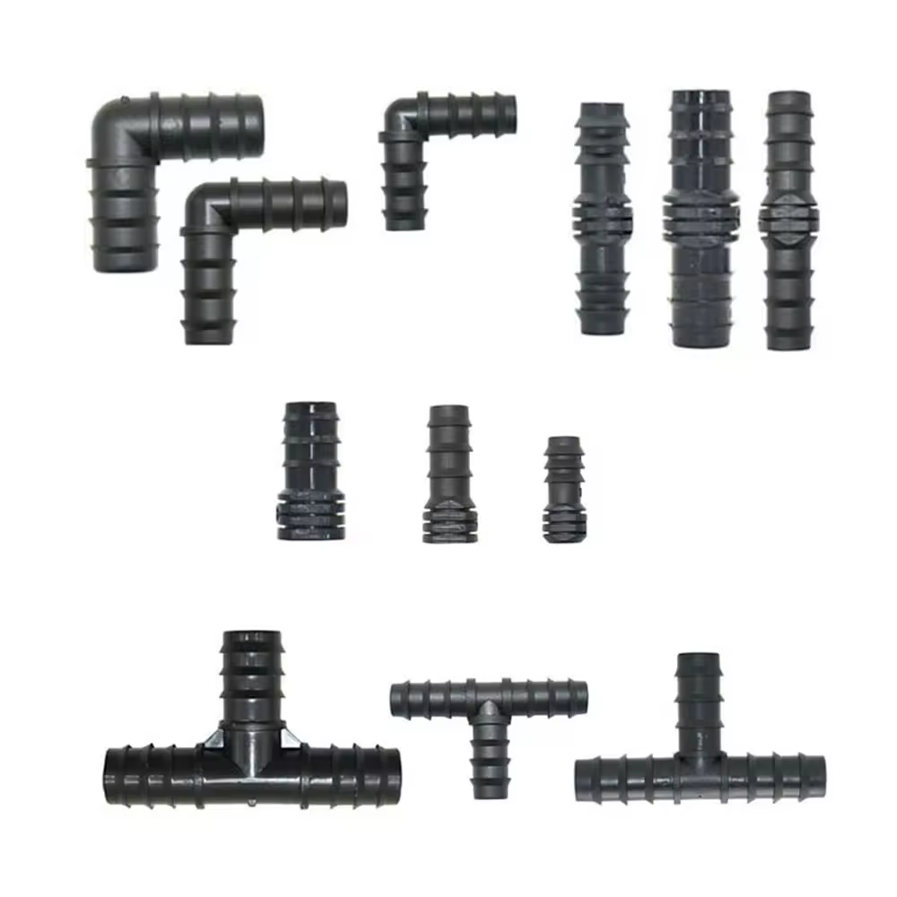 16mm 20mm 25mm PE Pipe Barb Connectors Tee Elbow Repair End Plug 1/2 3/4" Garden Water Drip Irrigation Pipe Connector Joints 4PC