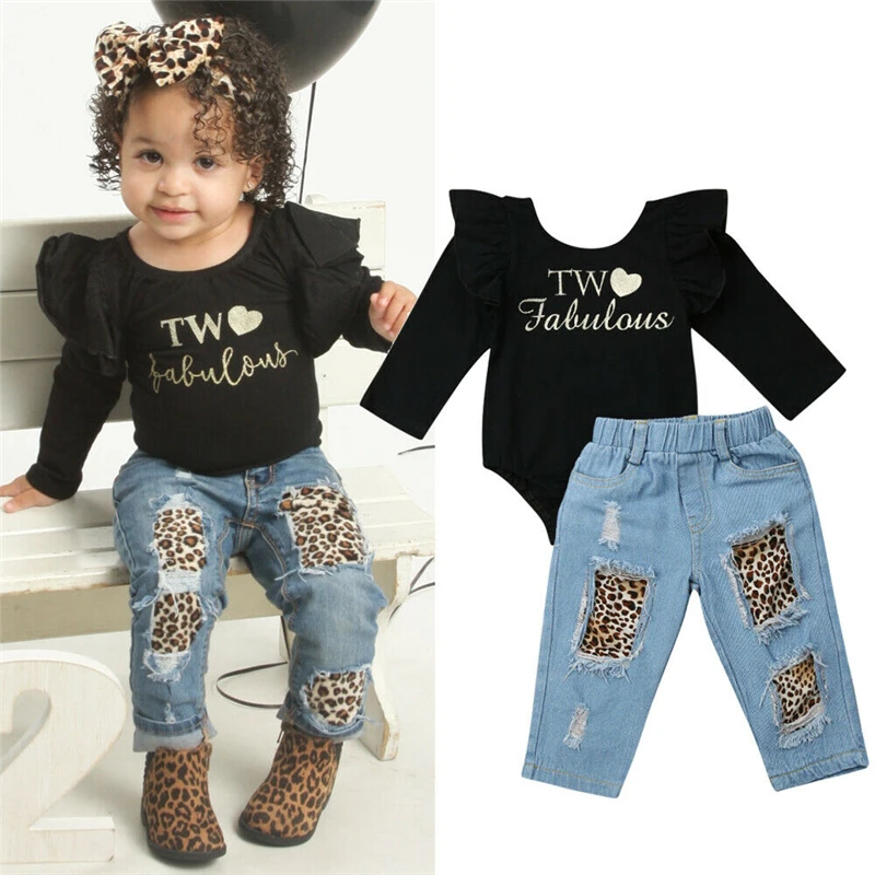 

Toddler Kids Clothes Girls Ruffle Black Tops Romper Denim Leopard Pants Girls Clothes Outfits