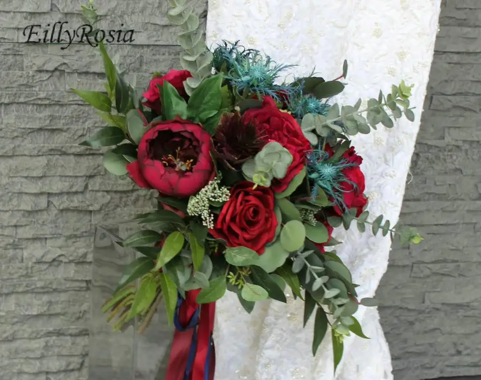 EillyRosia Brand New Burgundy Blue Wedding Bouquet Flowers Eryngium Eucalyptus Rustic Bridal Bouquet Ramo de Novia Vintage