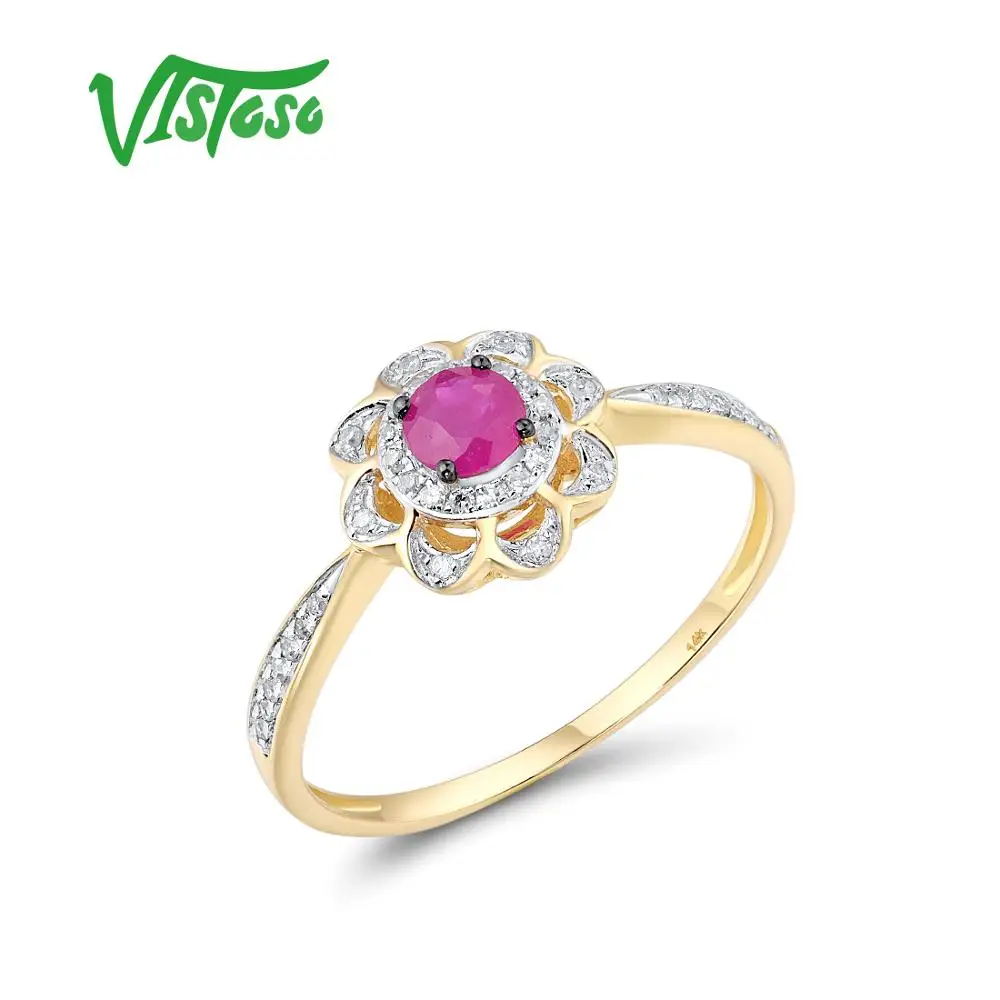 VISTOSO Genuine 14K 585 Yellow Gold Round Ruby Shiny Diamond Flower Ring For Lady Wedding Engagement Anniversary Fine Jewelry