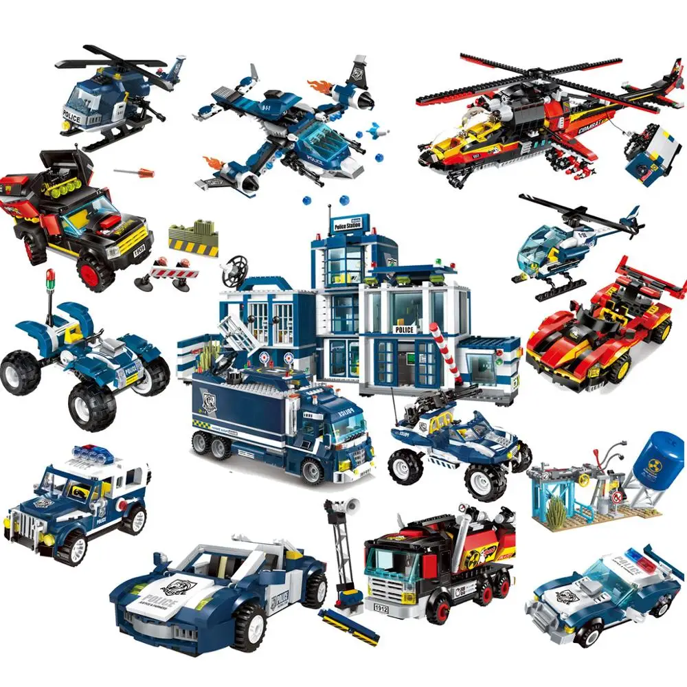 City Police Station Building Block SWAT Headquarter Helicoper Cruiser Car with Figures Bricks