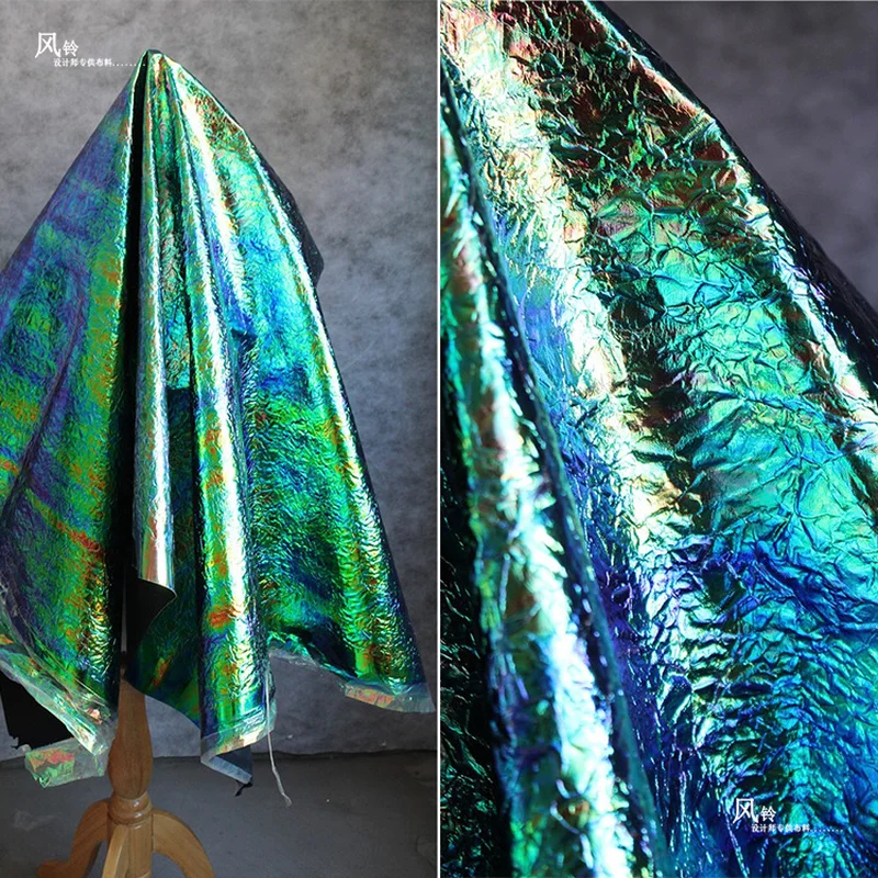 

Iridescent Synthetic Leather Fabric Blue Green Lizard Skin Texture Waterproof DIY Decor Bag Stage Coat Clothes Designer Fabric