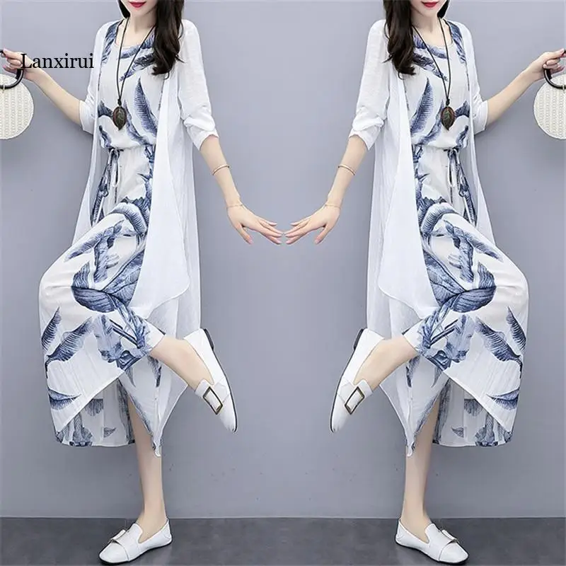 Spring Cotton And Linen Dress Suit  Summer Loose National Style Printed Women's Elegant Dress Two-piece Set