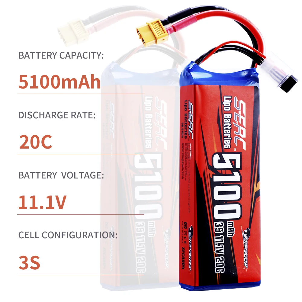 Sunpadow 3S 20C Lipo Battery 5100mAh 11.1V with XT60 Plug for RC Airplane Helicopter Drone FPV Quadcopter Model Racing