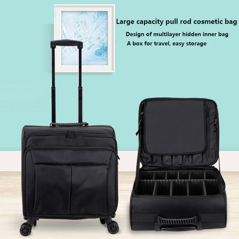 

Makeup Suitcase Women Scooter Travel Black Canvas Suitcases Folding Rolling Luggage Professional Make Up Trolley Customized