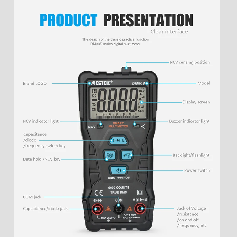 Multímetro universal inteligente completo de alta velocidade de dm90s ncv verdadeiro rms multímetro digital automático anti-queima portátil inteligente
