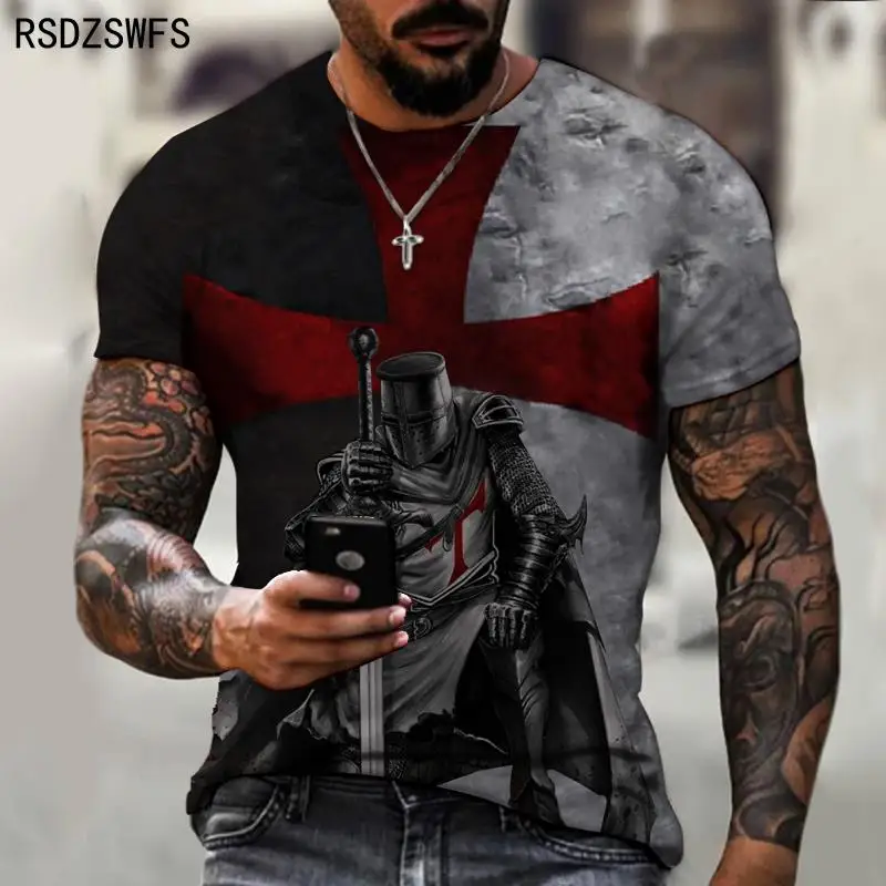 Samurai Pattern Knights Templar 3D Print T-Shirt Retro Style Of European And American Street Short Sleeve T Shirt Men Tops Tees