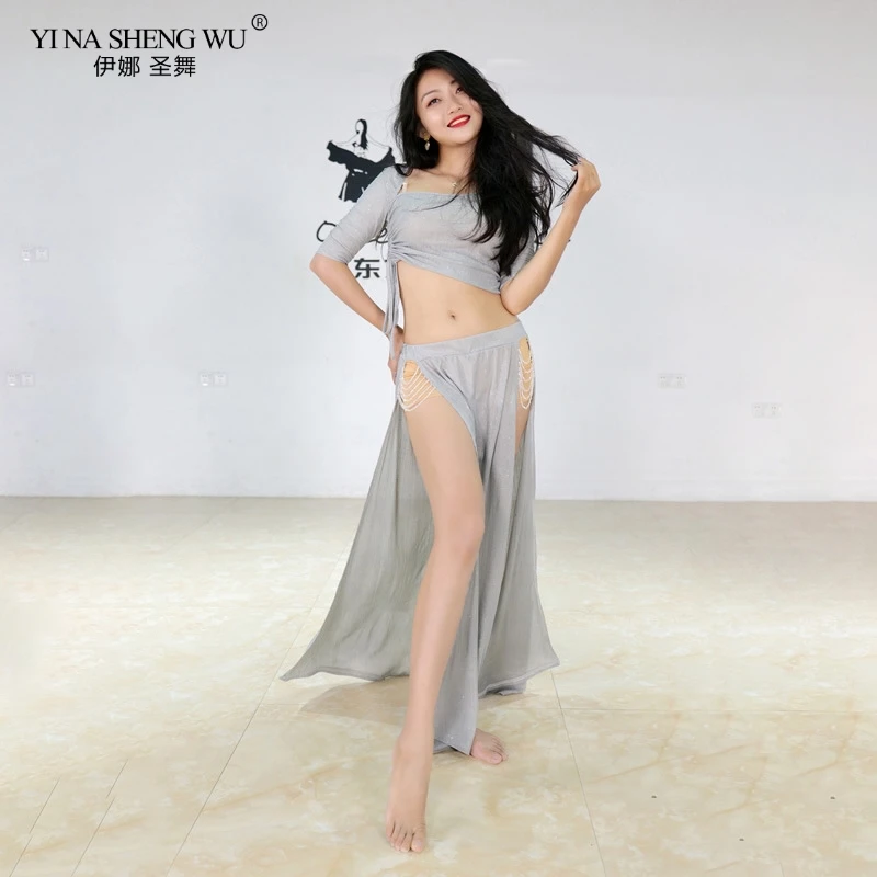 New Women Belly Dance Costumes Set 2pcs Sexy Top And Beaded Long Split Skirt Female Bellydance Short Sleeves Training Clothes