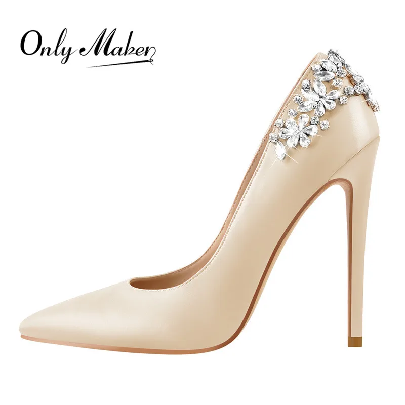 Onlymaker Women 12CM Pointed Toe Fashion Thin Heels White Bride  Artificial Diamond Big Size Wedding Woman Pumps