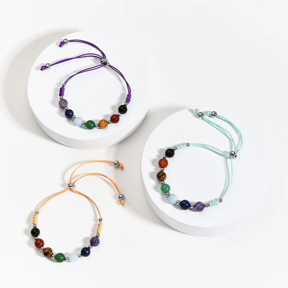 QIMOSHI Leather Cuff Bracelets Wrap Bangle Boho  with Natural 7 Chakra Stone  Beads Crystal l for Women Girls boy Gifts
