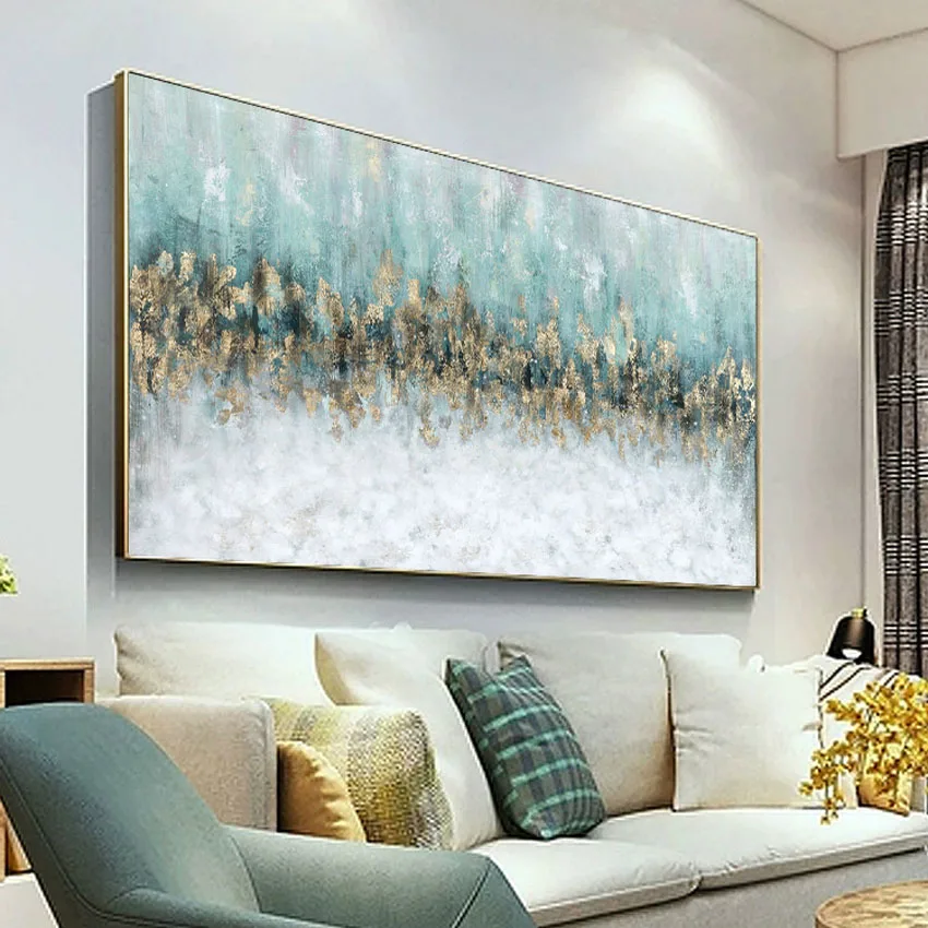 Paintings on the wall gold and green points Hand drawn abstract oil painting on canvas hanging picture poster for living room