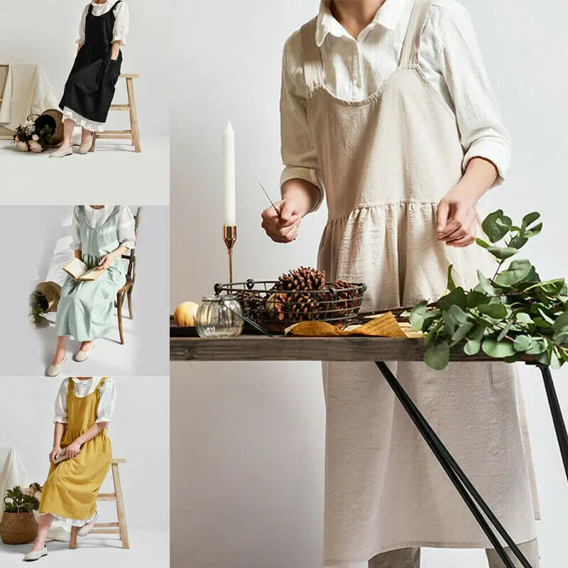 Women Lady Kitchen Apron Dress Cotton Linen Pinafore Square Cross Apron Cooking Garden Work Pinafore Dress Plus