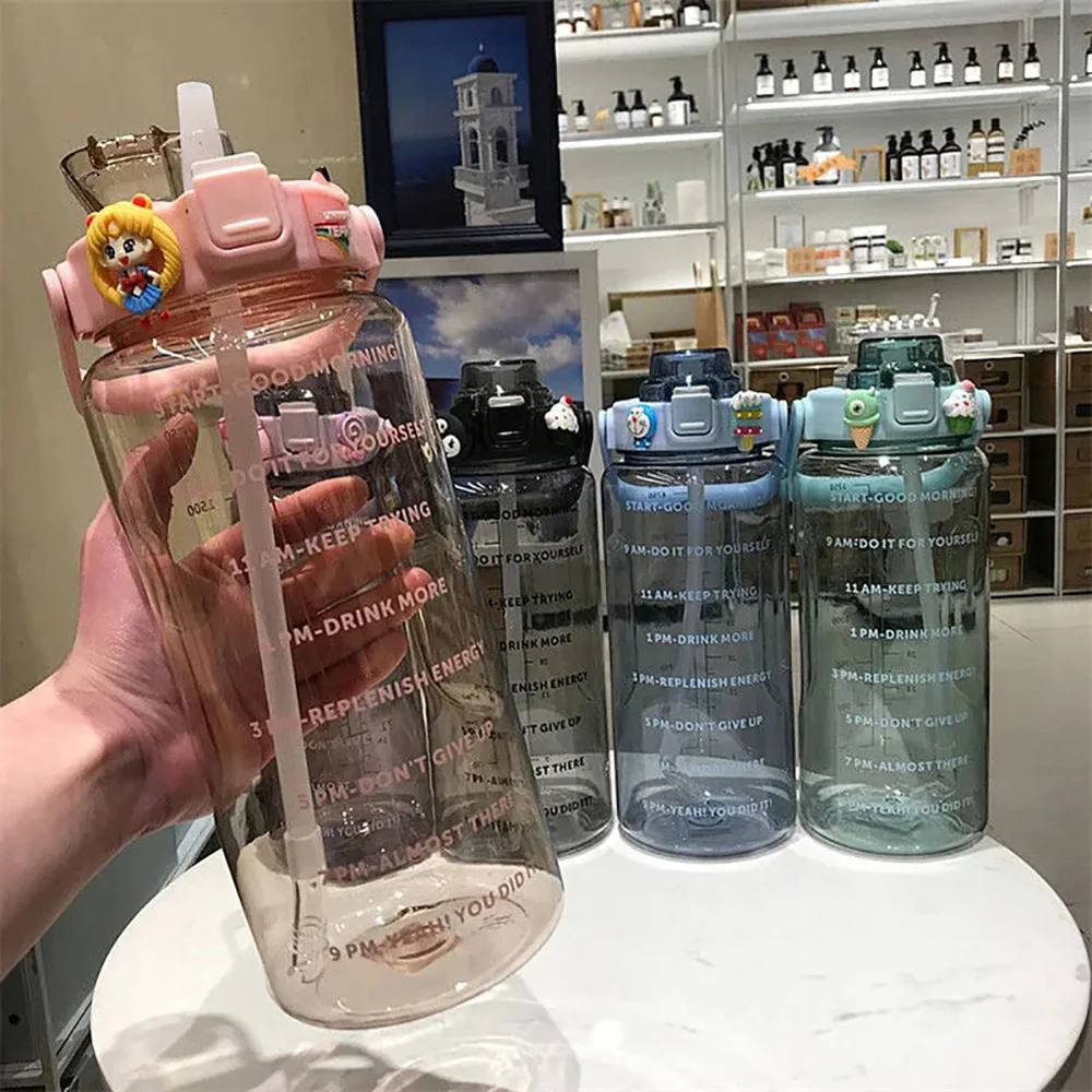 2000ml Straw Sports Gourd Water Bottles Cup Women\'s Summer Super Large Capacity Fitness Portable Straw Space Cup My Water Bottle