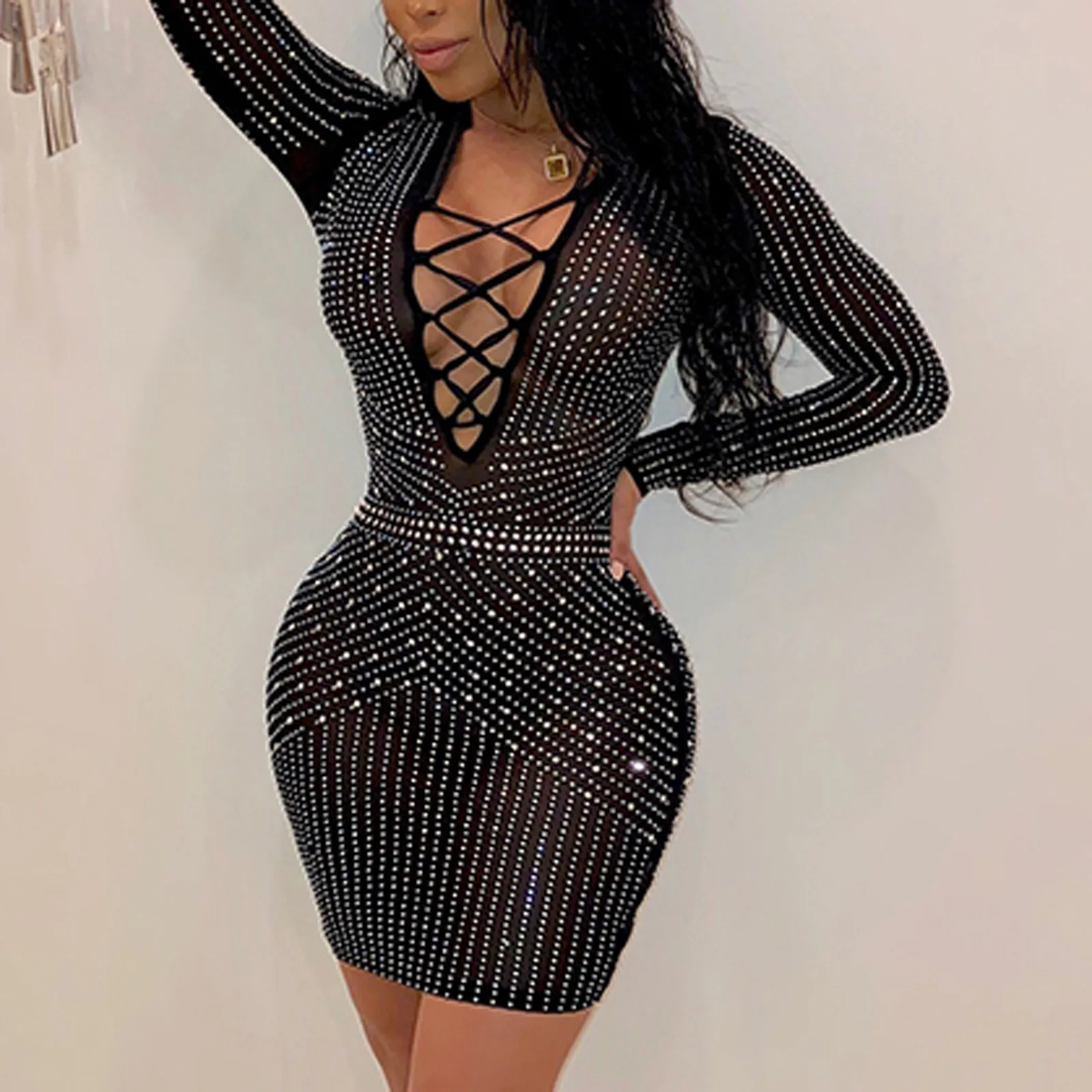 Women Sexy Party Dress Diamonds Rhinestone Long Sleeve V Neck Hollow Out Dresses Black Seethrough Mesh Bodycon Dress Femme #4