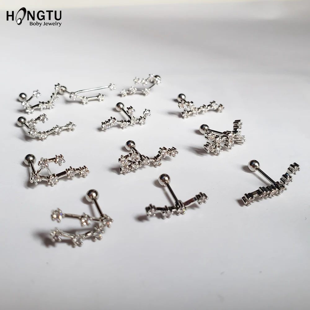 HONGTU 1PC 12 Constellation Zircon Tragus Ear Piercing Surgical Steel Shaft Bar Star Daith Earrings Helix Cartilage Studs 20g