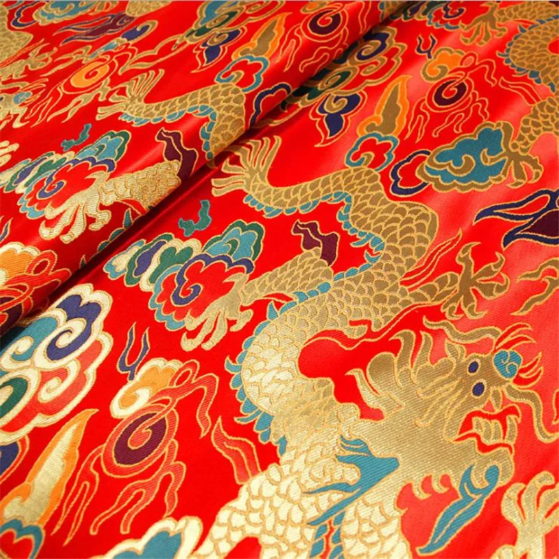 CF1136 Chinese Dragon Jacquard Silk Brocade Fabric, Red, Golden, Blue, Cheongsam Clothes, Dress, Jacket, DIY Sewing Silk Fabrics