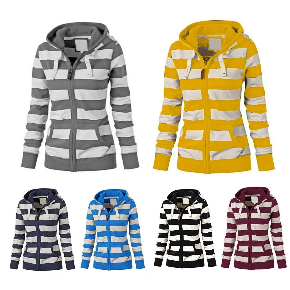 Women Sweatshirt Striped Hooded Autumn Winter Drawstring Pockets Long Sleeve Zipper Tops Hoodie for Sports