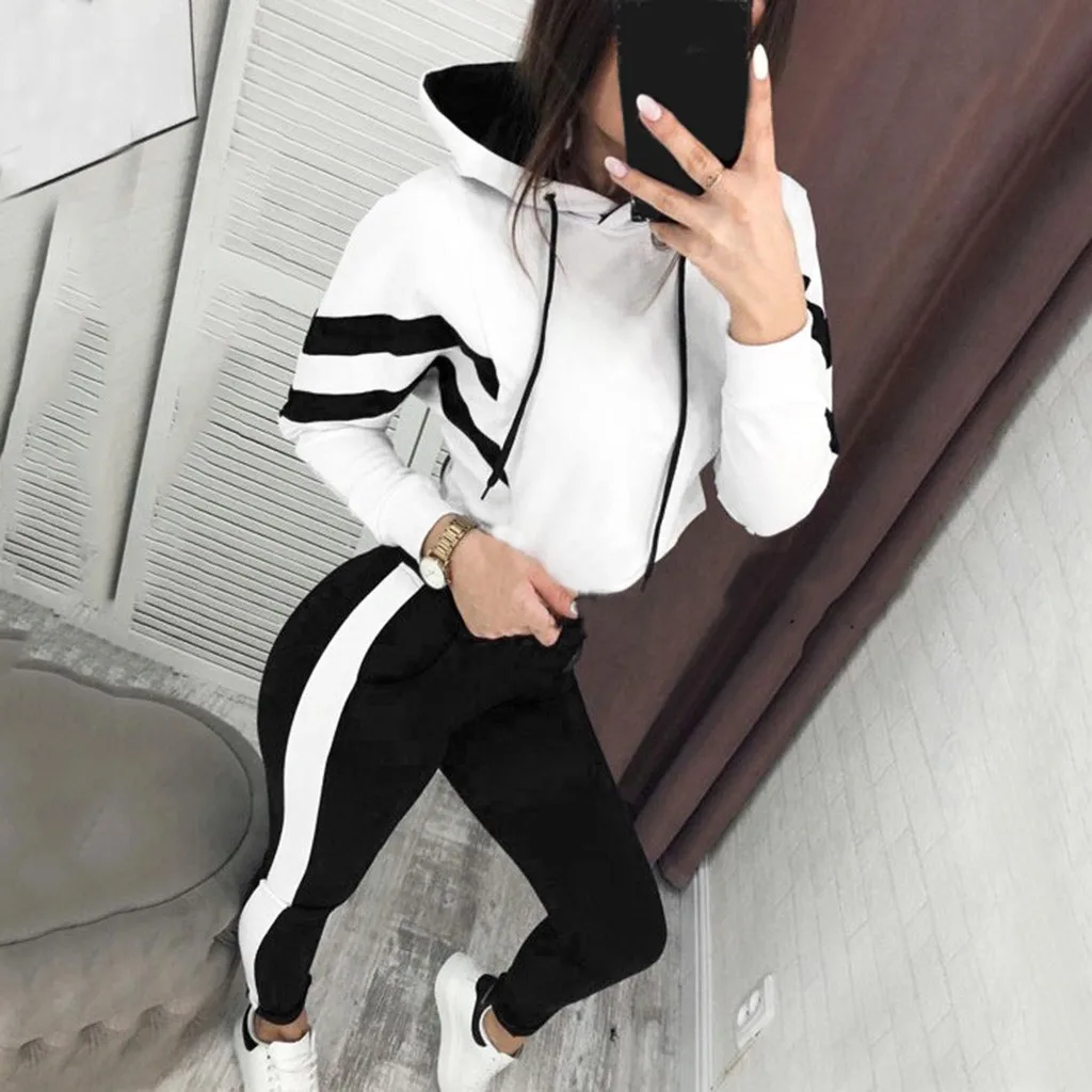 

Perimedes Women Sports Suit Splice Cropped Pullover Sweatshirt and Side Striped Pants Tracksuit Sets sport suit women 2019#g25