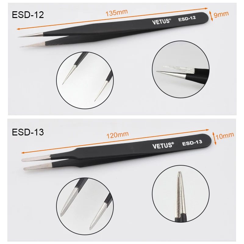 VETUS 1pcs ESD 10 11 12 13 14 15 Anti-static Stainless Steel Tweezers Set For Electronic Cell Phone Repair Tools