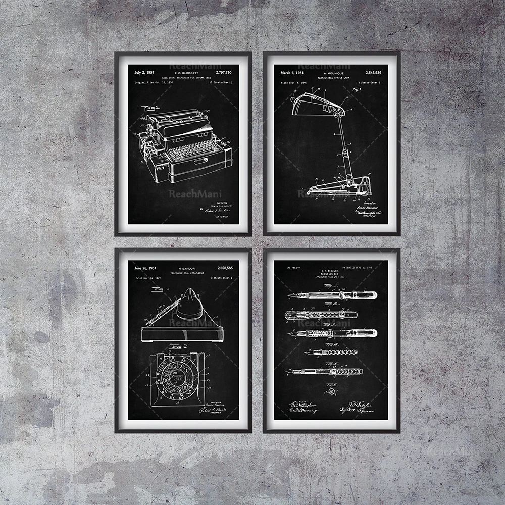 Office Patent Prints Set of 4, Accountancy Poster, Office Art, Business Management, Fountain Pen, Typewriter, Office Lamp,