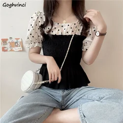 Blouses Women All-match Sweet Puff-sleeve Summer Fake-two Harajuku Lace O-neck Camisa De Gasa Polka Dot Tops Mujer Tender Female