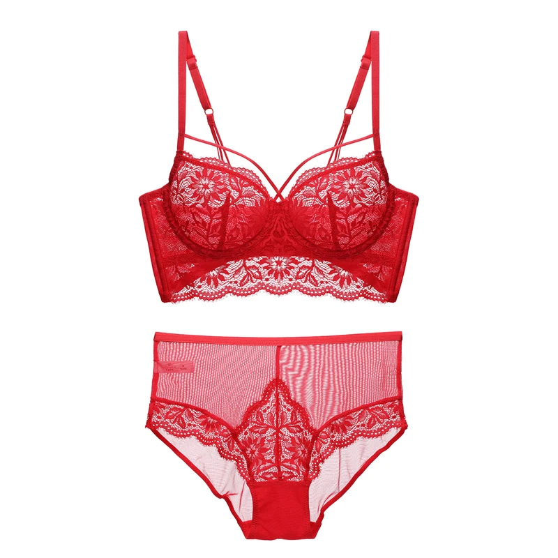 2021 White Sexy Lingerie Women Bra And Panties Set Unlined Transparent Underwire Push Up Brassiere Lace Underwear Sets Red Black