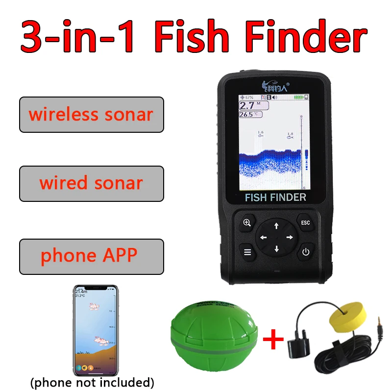 

Hot Sale2024 new degisn Wire+Wireless+APP Portable Sonar Colorful LCD Fish Finder Fishing lure Echo Sounder FishFinder