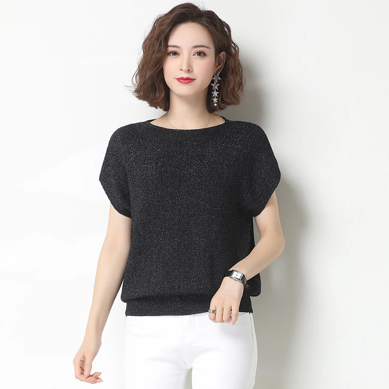 

Women Summer Knit Tops Elegant Batwing Sleeve Knit Blouse Ladies Short Sleeve Knit Shirts Free Shipping