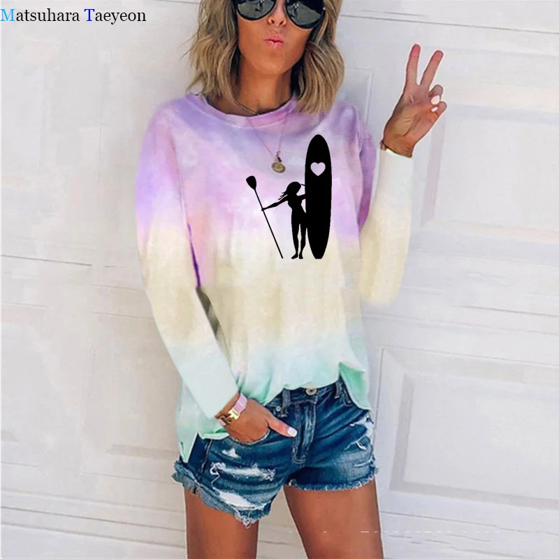 Girl Stand Up Paddle Boarding Heart Love Print T Shirt for Women Fashion Tiedyed O-Neck T-shirt Autumn New Long Sleeves T Shirt