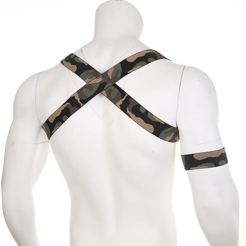 Men Camouflage Elastic Strap Sexy Harness Body Chest Lingerie Bondage Hombre Performance Costume With 1 Arm Band X Shape Back