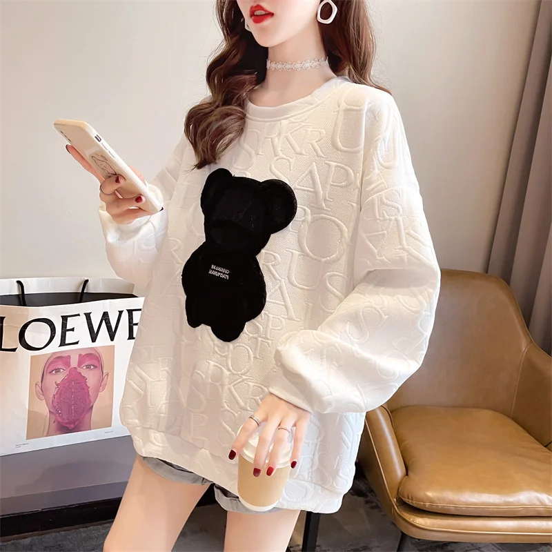 

Women's Sweatshirts Harajuku Couples Overszie Letter Jacquard O-neck Pullovers Long Sleeve Loose Autumn Spring Bear Streetwear