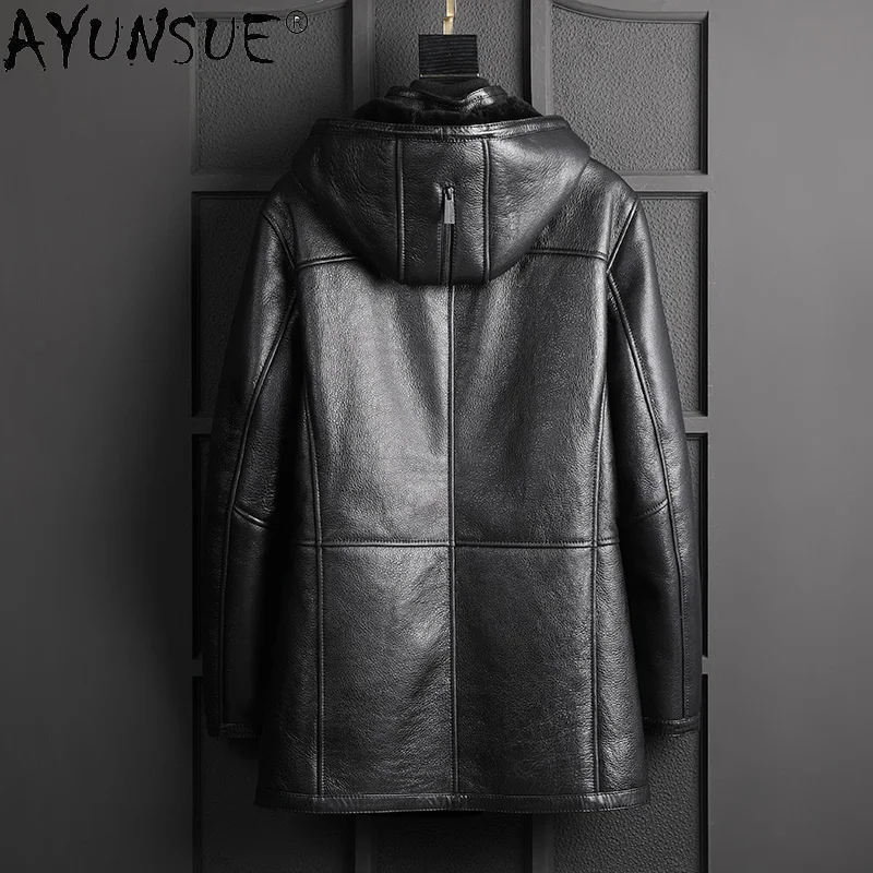 Jacket Winter Men Real Sheep Shearling Leather Jackets Men's Hooded Parka Motorcycle Coat Ropa Hombre LXR222