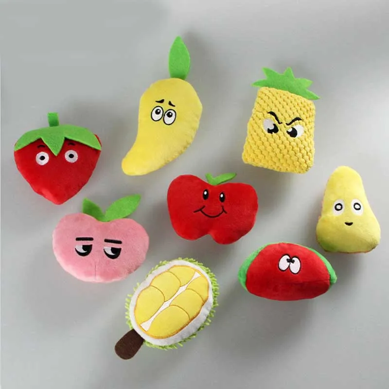 1PC Pet Toys Puppy Plush Funny Cartoon Fruit Toy Cute Resistant Plush Squeaky Doll Anti Stress Anxiety Stress Relief Pet Toys