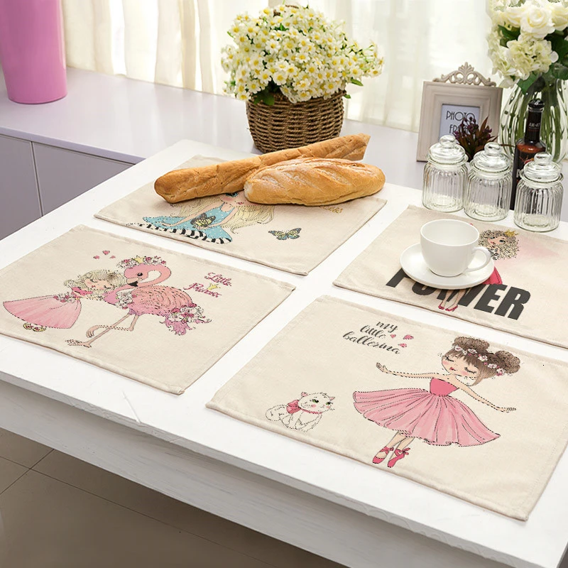 1Pcs Cute Girl Cotton Linen Pad Pattern Kitchen Placemat Kawaii Coaster Bowl Cup Mat Dining Table Mats 42*32cm Home Decor PM0044